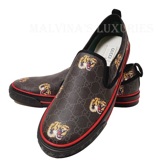 GUCCI SHOES MENS 1977 TENNIS SLIP ON SNEAKERS GG SUPREME TIGER - Picture 3 of 16